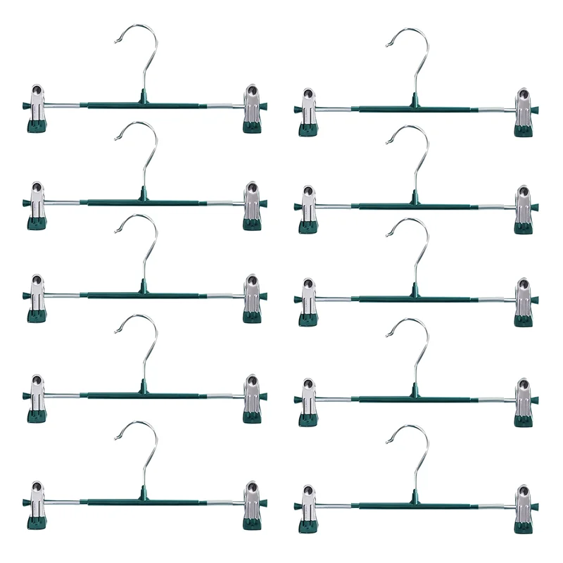 12Inch Heavy Duty Pants Skirt Hangers with Clips,Metal Trousers Hanger for Jeans Black Non Woven Shorts 10Pack Green