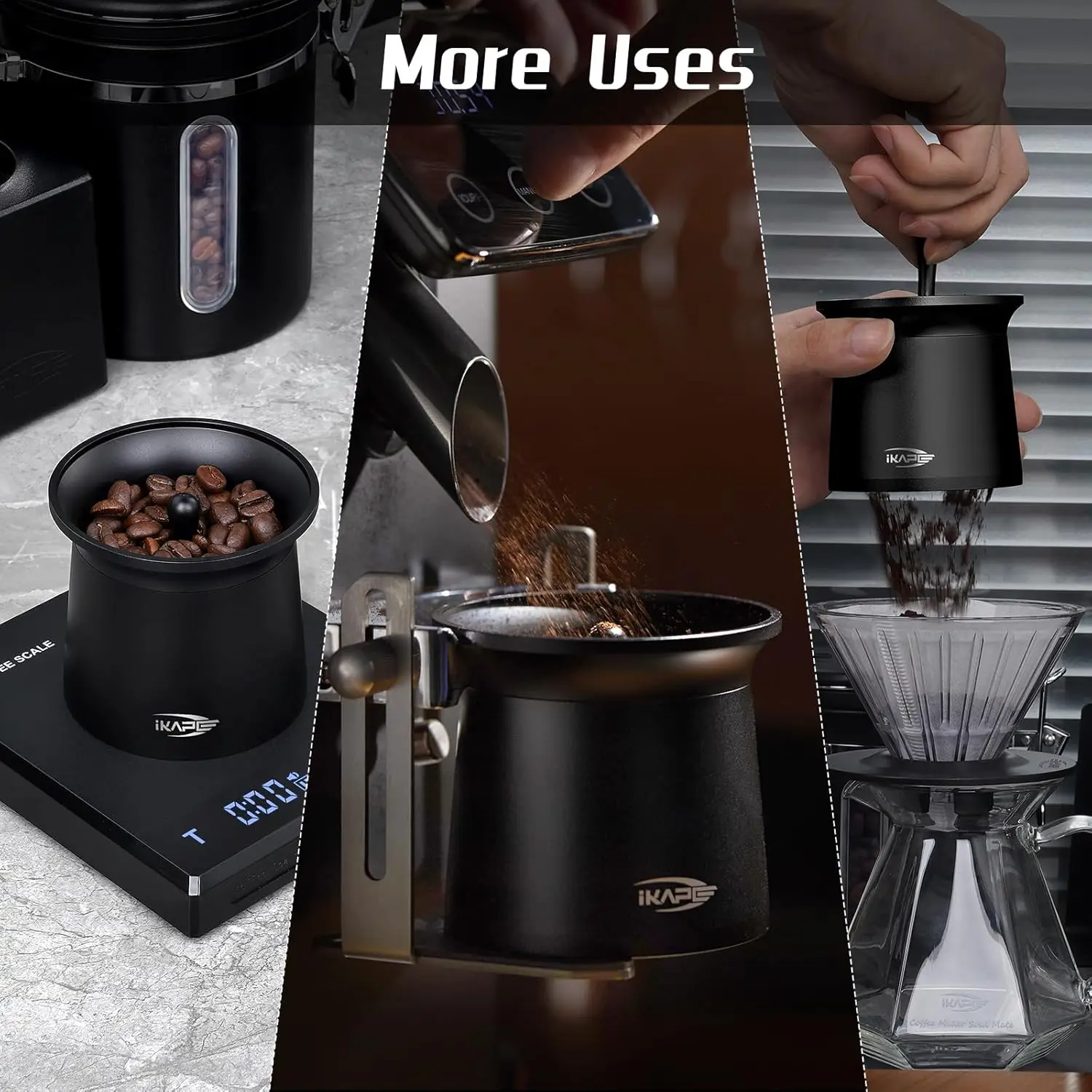 

IKAPE 3 в 1, воронка для дозирования эспрессо, контейнер для приема кофейного порошка, подходит для бездонных портафильтров 51/54/58 мм, инструмент для кофе