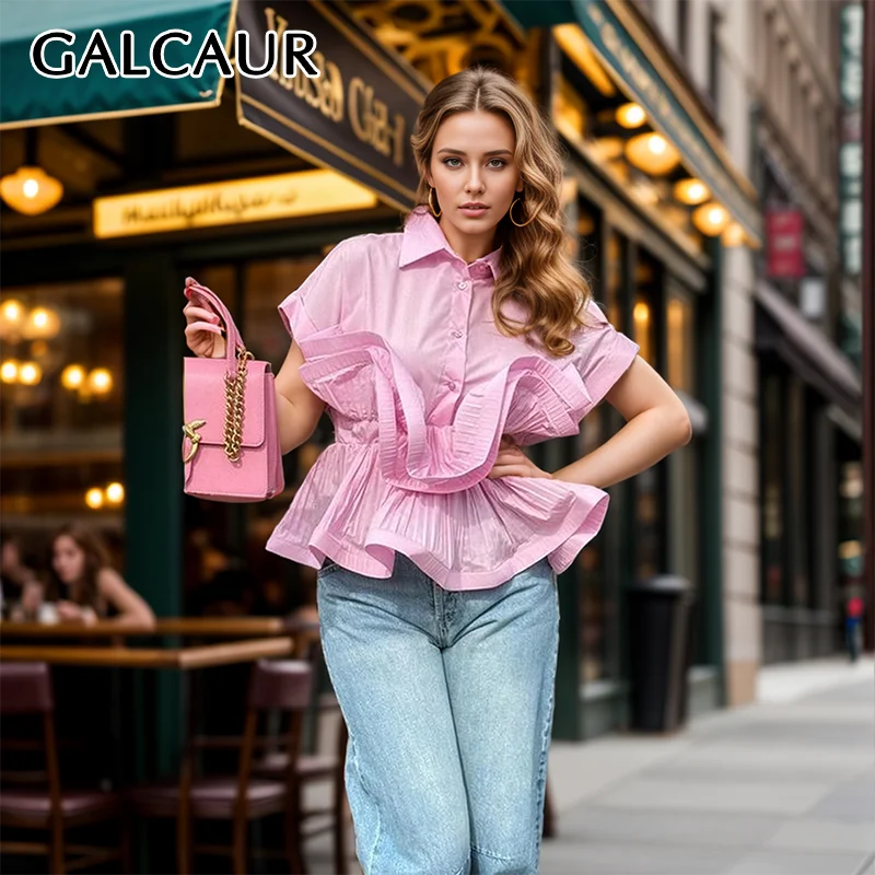 

GALCAUR Solid Patchwork Ruffels Casual Shirts For Women Lapel Short Sleeve Spliced Single Breasted Asymmetrical Blouses Female