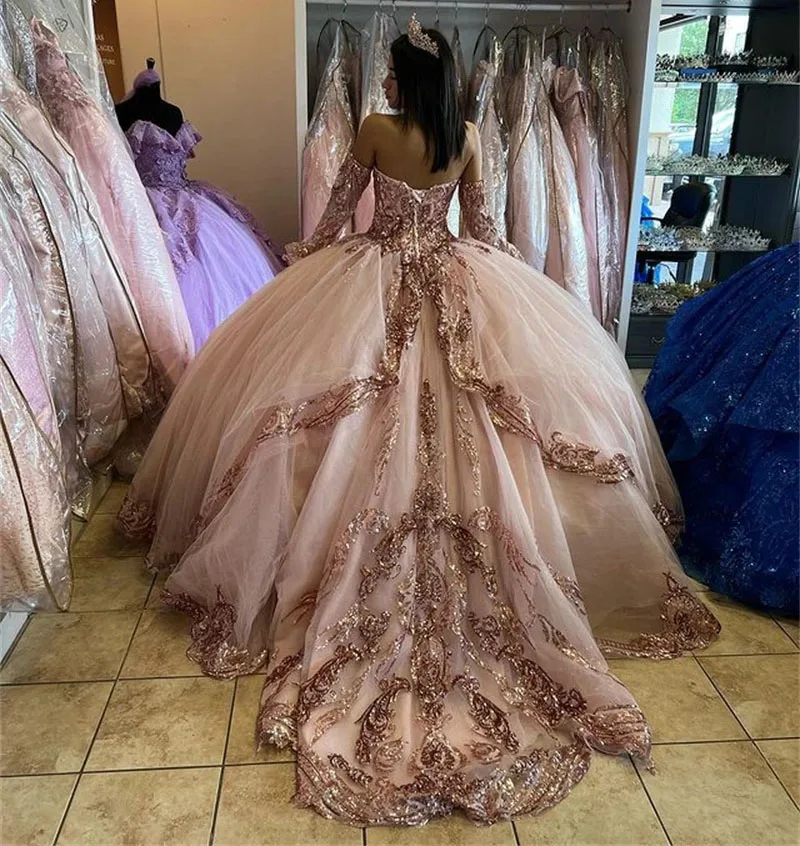 Rose Gold Quinceanera Dresses Ball Gown Sweetheart Tulle Appliques Sparkly Sweet 16 Dresses 15 Años Mexican Customized