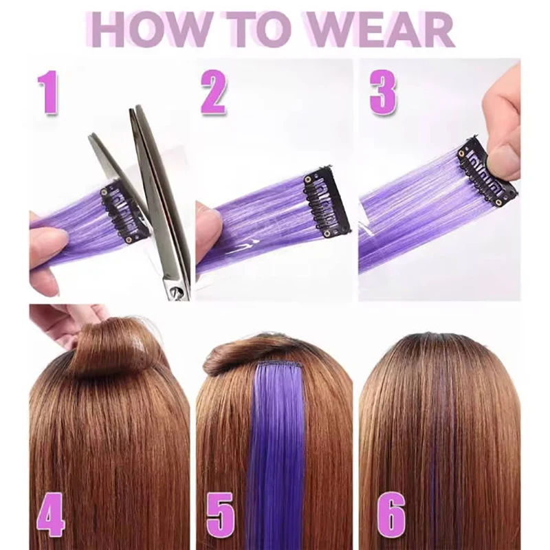 Extension de Cheveux Longs Lisses pour Femme, Postiche Colorée Arc-en-ciel, Violet, Rouge, Bleu