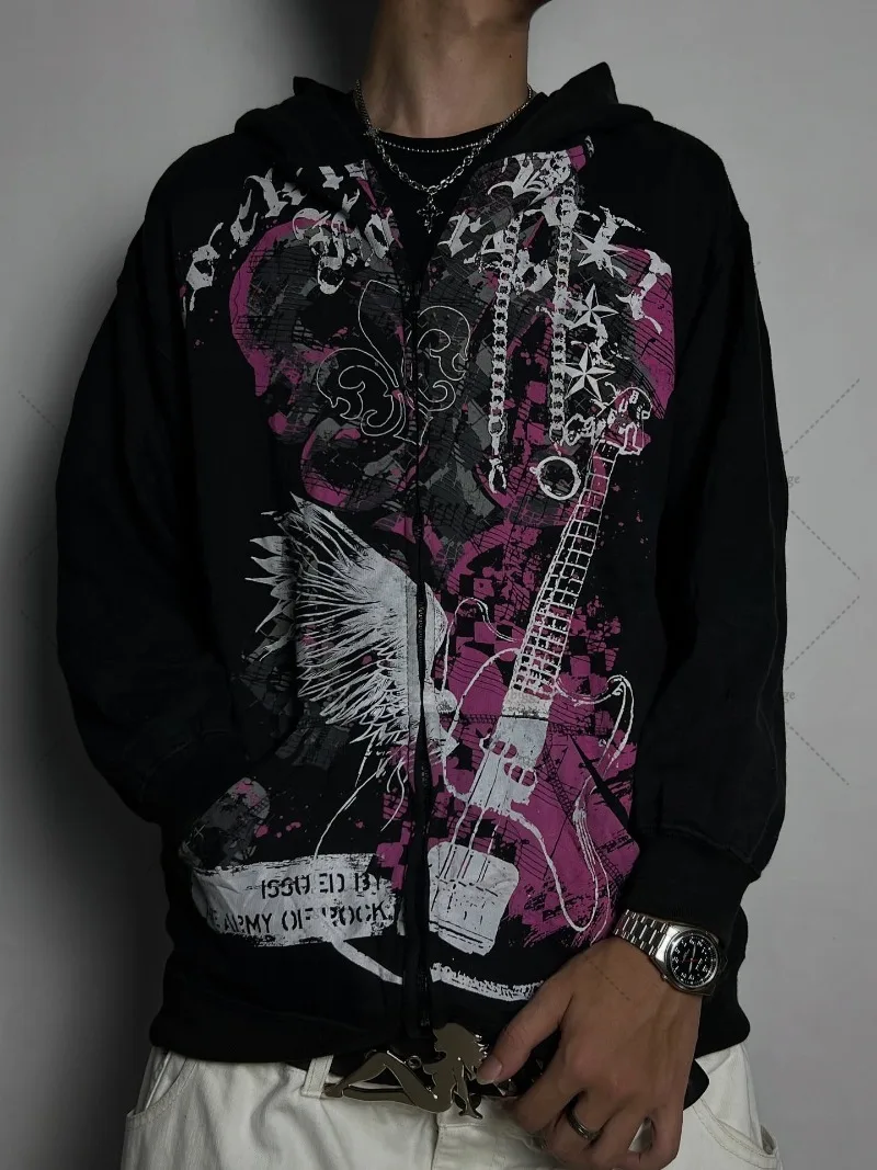 Punk High Street Hip-hop Letter Print Oversized Zipper Hoodie Women Y2K Casual Trendy Brand Harajuku Rock Loose Sweatshirt Men