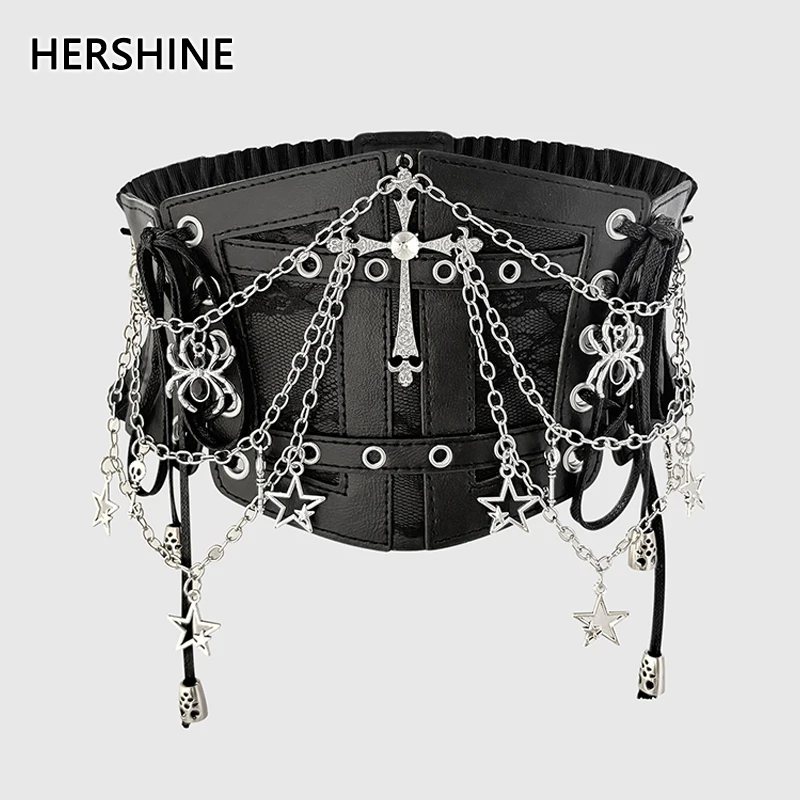 

HERSHINE женский модный эластичный широкий пояс с перекрестной цепочкой, Y2K Gothic, Punk, Harajuku, Rock, аксессуары в стиле хип-хоп, весна, лето
