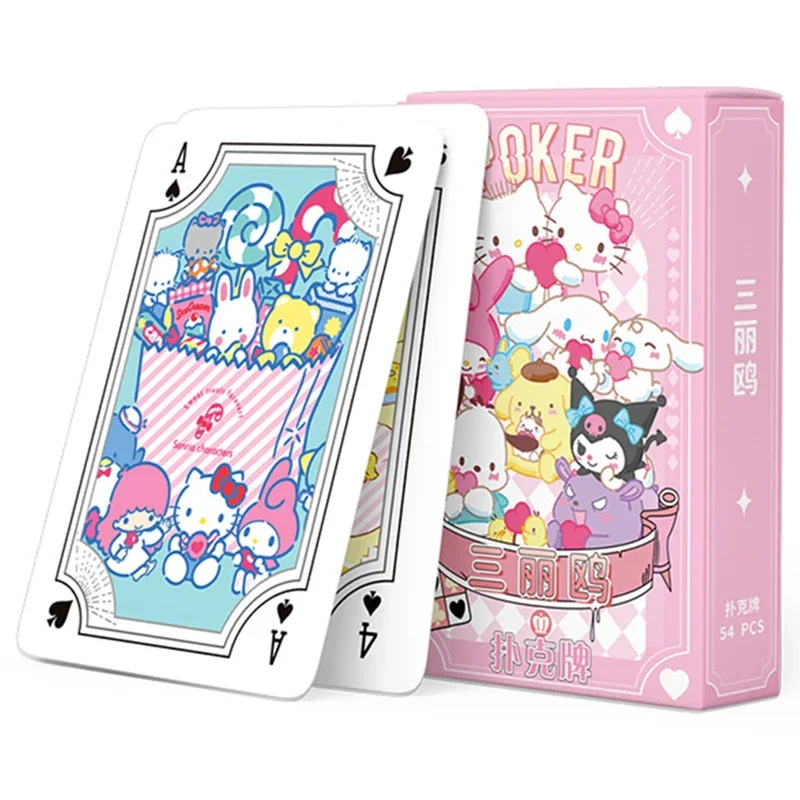 Sanrio pochacco jogando cartas jogos de tabuleiro bonito dos desenhos animados criança crianças brinquedos brinquedo deck jogo de cartas cão branco filhote de cachorro pintinho amarelo