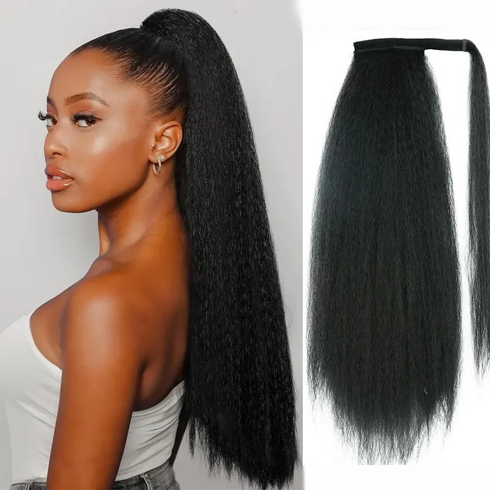 22inch Long Yaki Kinky Straight Ponytail Hair Extension Synthetic wigs Wrap Around Clip In Hair Pieces Extensions women hair wig