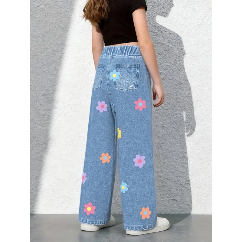 2025 Hot Sale Girl Y2K Style - Casual Daily Versatile Imitation Denim Trousers - Printed Loose Wide Leg High Waist Pants