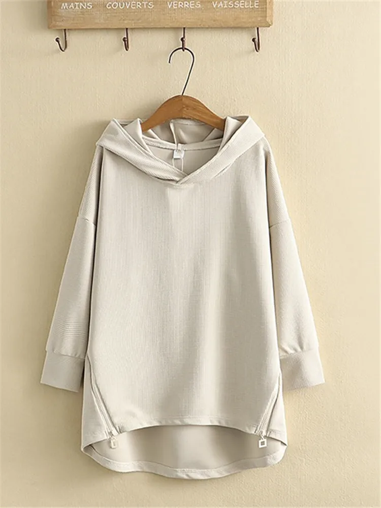 Plus Size Clothing In Spring And Autumn Wear Solid Color Hooded Hoodie Zipper On Both Sides Trim Fashion Large Size Long Sleeve