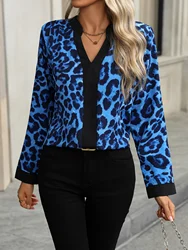 European and American women's fashionable and elegant V-neck contrasting leopard print shirt