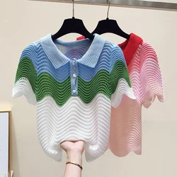 2024 Summer Pink Gradient Short Sleeve Crop Sweater Women T Shirts Casual Love Pearls Buttons Weave Hollow Out Knitted Tees Tops