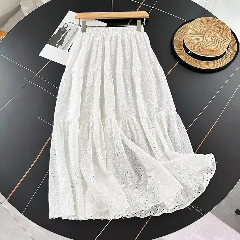 New 2026 White Embroidered Heavy Work Hollow out A-Line Midi Skirt Women's Summer Elastic Waist Hip Covering Slimming Skirt
