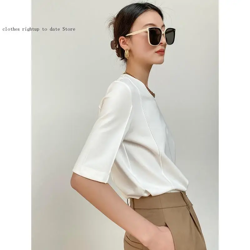 Spring and Summer T-Shirt Women's Short-Sleeved Design Sense Half-Sleeved Round Neck Top Ironing-Free Casual Top