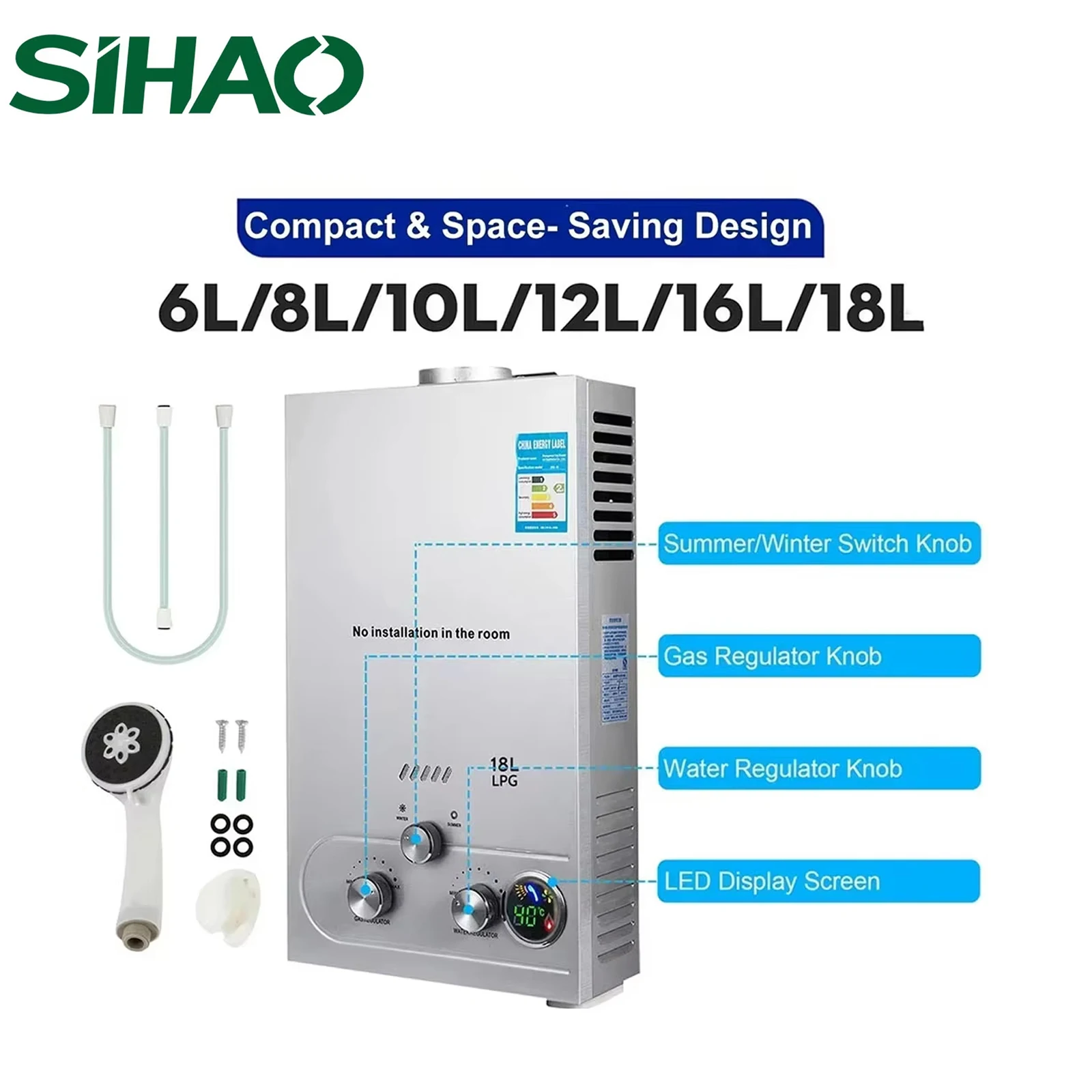 SIHAO chauffe-eau GPL 6L 8L 10L 12L 16L 18L GPL gaz de pétrole liquéfié Propane Butane chauffe-eau Kit de chaudière en acier inoxydable