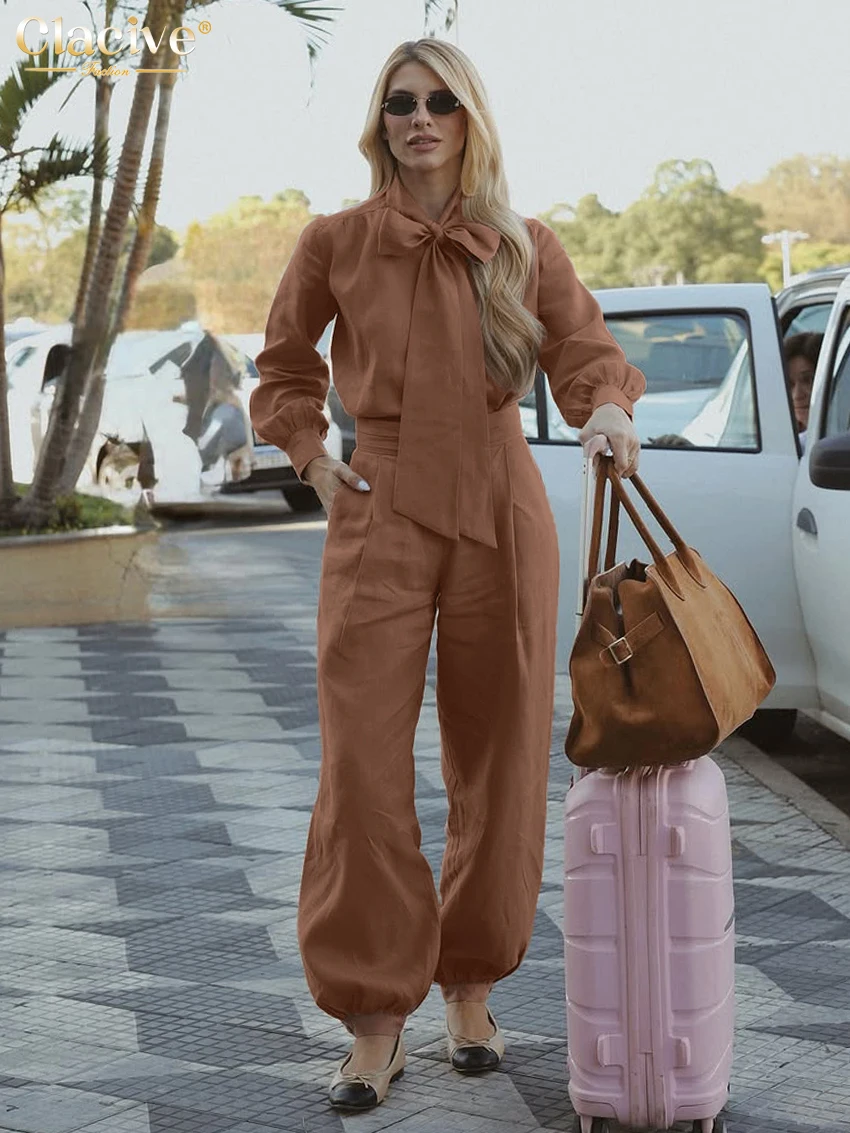 

Clacive Fashion Loose Brown 2 Pieces Set For Woman 2026 Elegant Long Sleeve Shirt With High Waist Wide Pants Set Female Clothing