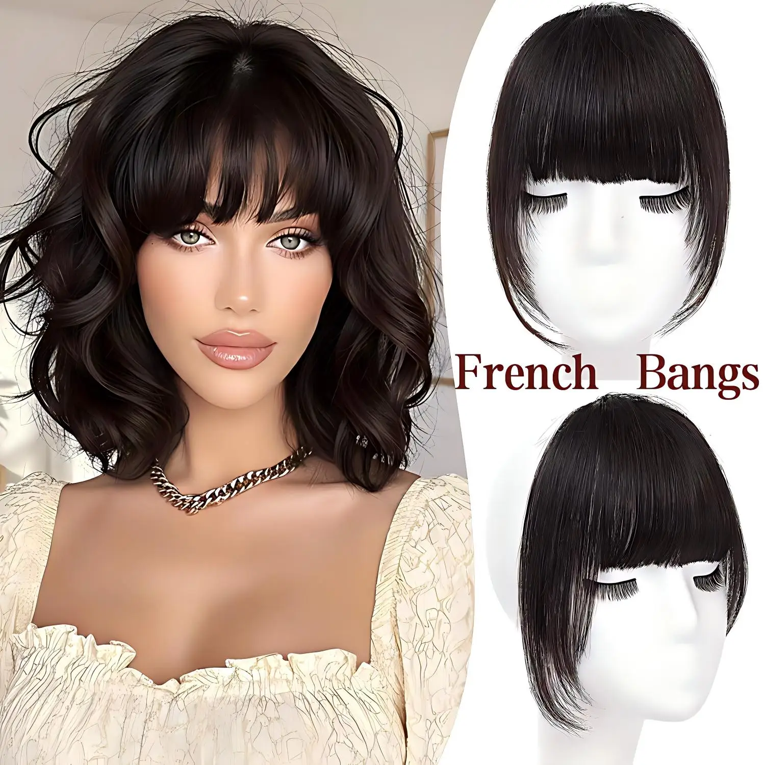 French Bangs Hair Clip 100% Real Human Hair, Soft Layered Fake Bangs with Temples for Face Framing
