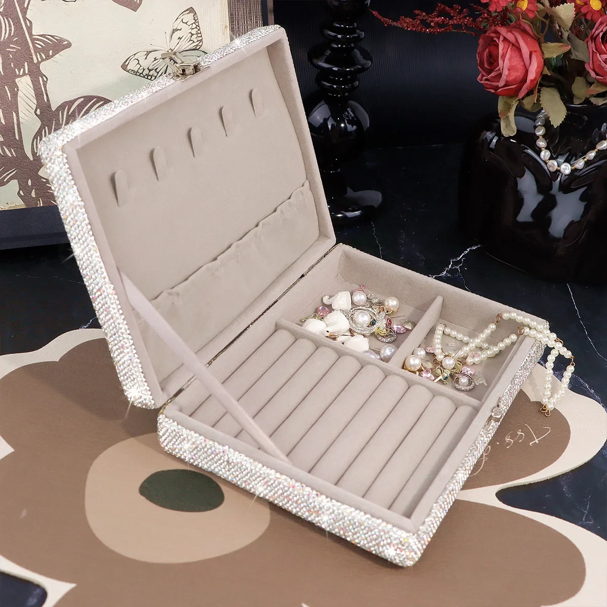 Sparkling Rhinestone Velvet Jewelry Box Multifunctional Necklace Ring Storage Organizer With Top Glass Lid Display Stand