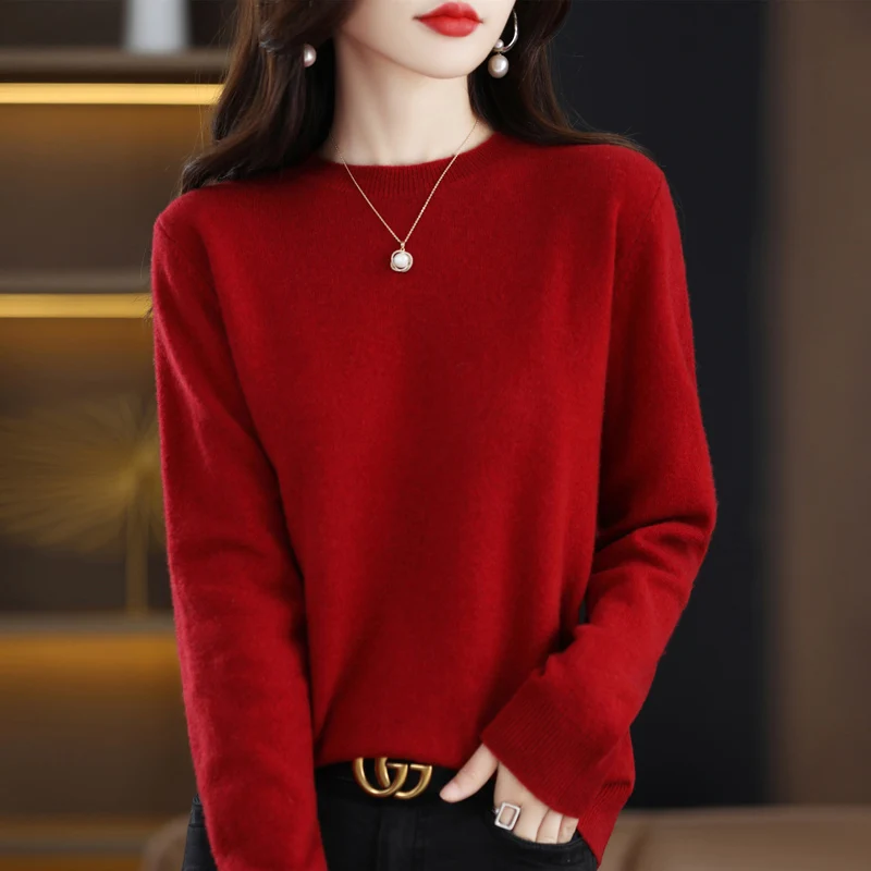 Pure Wool Cashmere Sweater Women\'s O-neck Pullover Casual Knitted Tops Spring and Autumn Female Jacket Basic Fashion Long sleeve