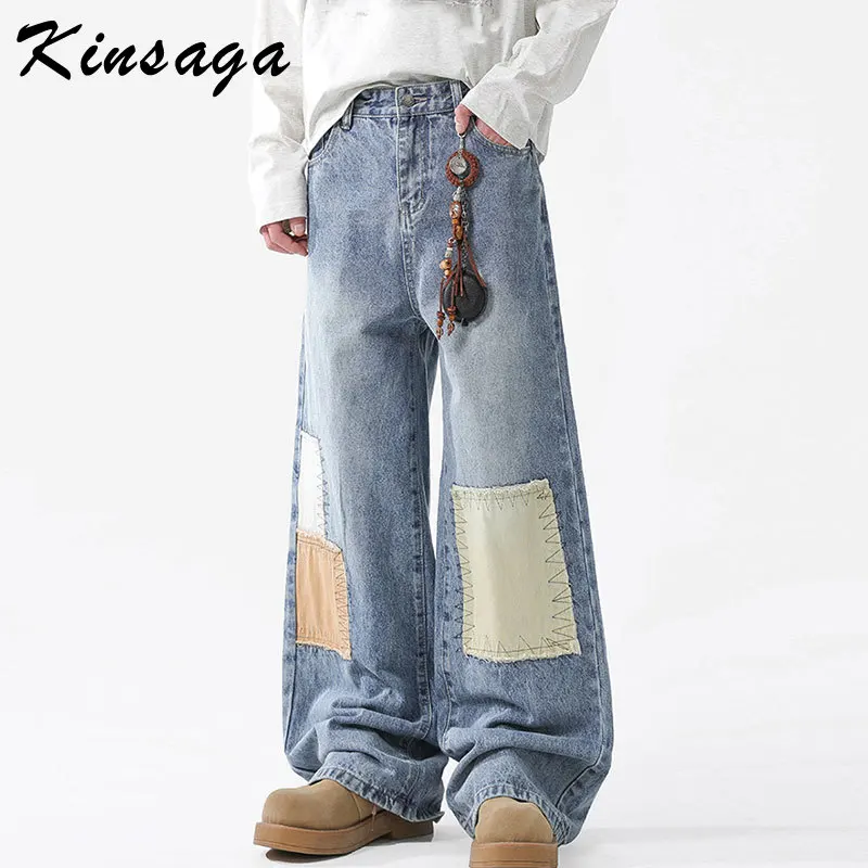 Design TRAF Patches Surplus Relaxed Wide Leg Flare Pant Streetwear Vintage Retro Y2K Men's Couple‘s Baggy Jeans Slouchy Trousers