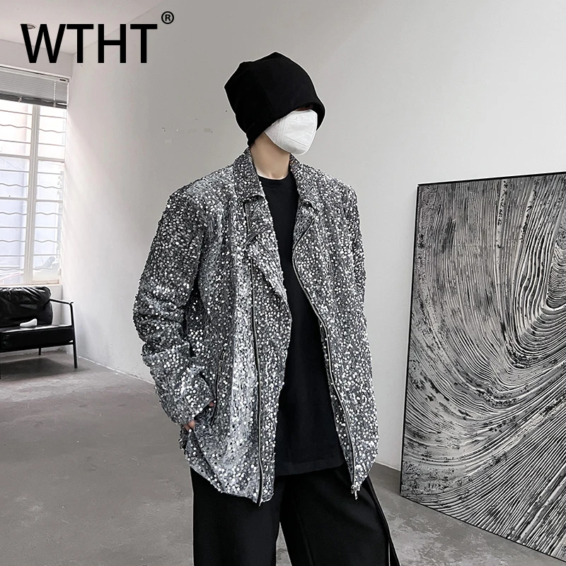 

WTHT Trendy Men's Spliced Sequins Design High Street Coats Fashion 2025 Winter Lapel Long Sleeves Loose Jackets Male 2A2470