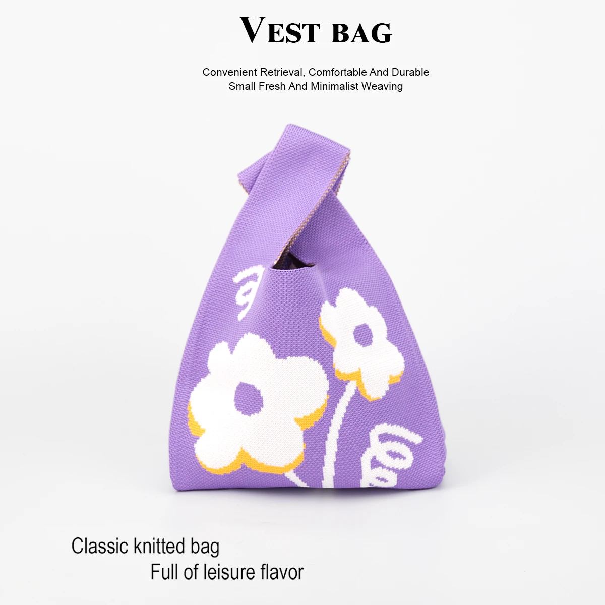 Bolso de mano de punto floral para mujer en lindos colores dulces, adecuado para niñas y niños, tela plegable de punto duradera y resistente al desgaste para transportar teléfonos móviles, lápiz labial, cosméticos, paraguas, etc. , Perfecto para viajar, caminar, tomar fotografías, acampar, transpirable y cómodo, adecuado para todas las estaciones