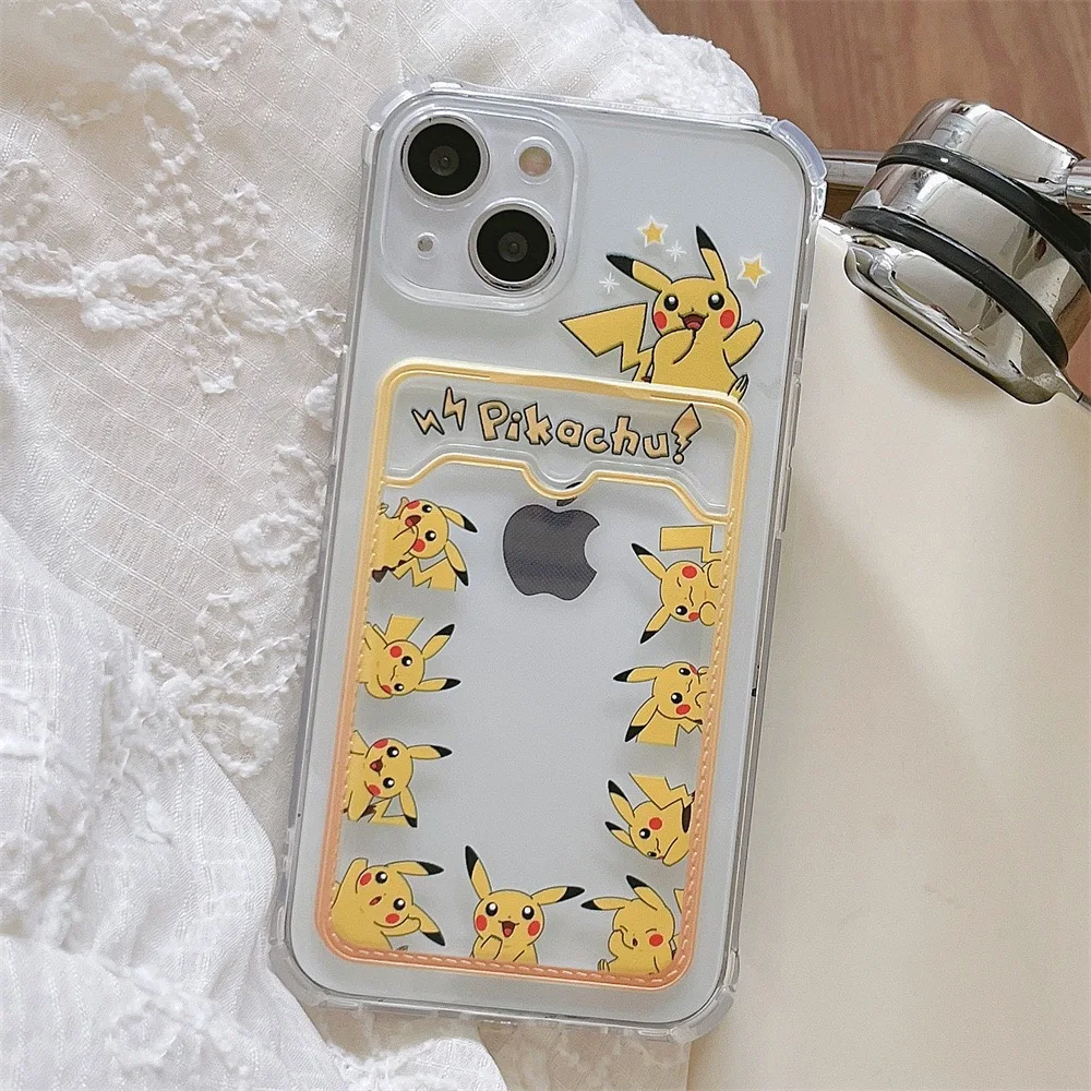Pokémon Pikachu Johnny Turtle Carteira Cartão de telefone transparente, 3D Anime Cartoon, bonito macio TPU Capa para iPhone 11, 14, 13, 12, 15Pro Max