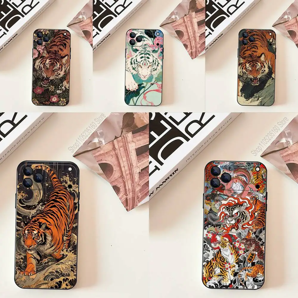 

J-Japanese Ukiyo-e Tiger Phone Case For iPhone 11,12,13,14,15,16,17,Pro,Max,Plus,E,SE4,Air,Mini Black Soft Cover
