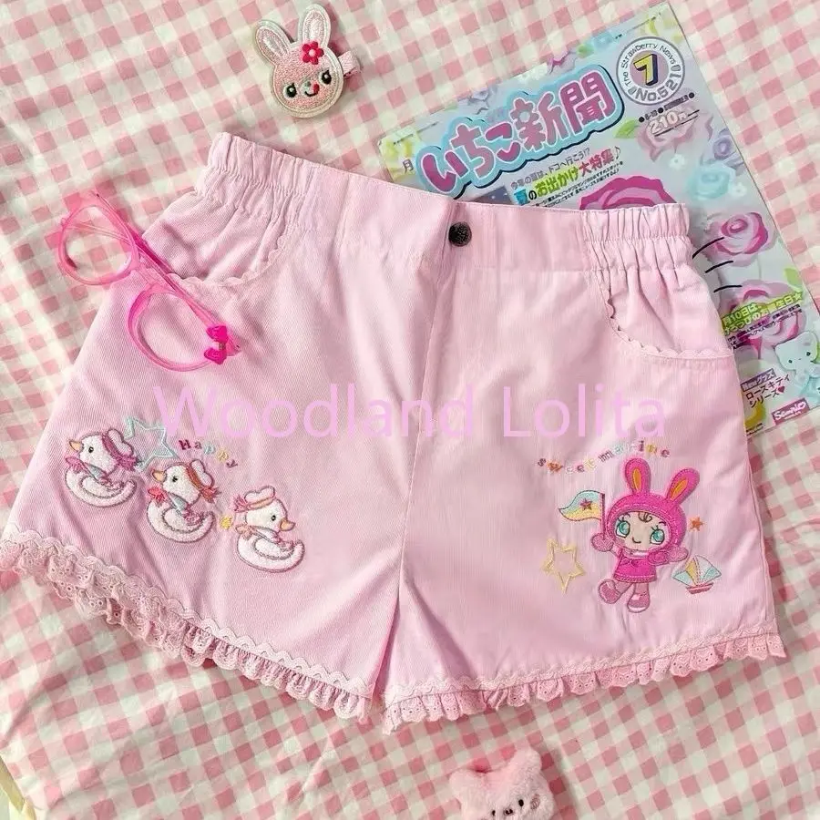 Vintage Fashion Preppy Style Stretch Waist Shorts Y2k Japanese Lace Edge Kawaii Embroidery Casual Short Pant Stright Leg Shorts