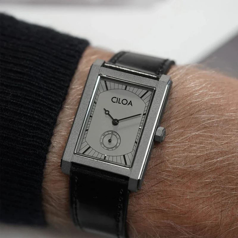 Vintage Rectangle Tank Men Watch Small Second Subdial Grey Dial Black Genuine Leather Strap Minimal Business Male Quartz Wristwatch Luxury Dress Watch Gift