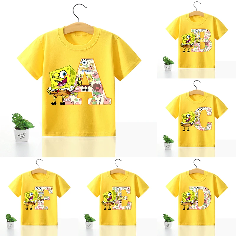 T-shirt à manches courtes pour enfant Bob l'éponge, imprimé lettres A-Z, en polyester, motif dessin animé, col rond, décontracté, été, cadeau T-shirt à manches courtes pour enfant Bob l'éponge, imprimé lettres A-Z, en polyester, motif dessin animé, col rond, décontracté, été, cadeau