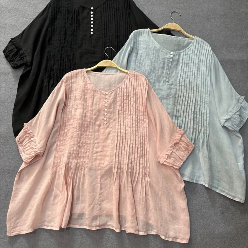 Johnature 2024 New Solid Color O-neck Pleated Women Blouses Summer Vintage Mori Ramie All Match Button Female Shirts