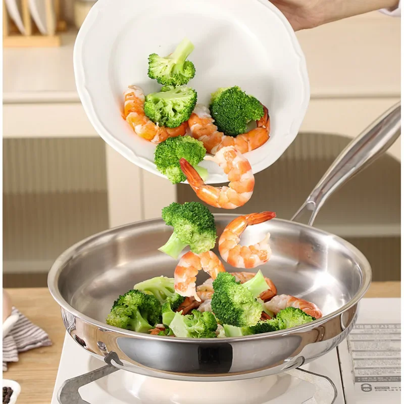 Food Grade Thickened Frying Pan Uncoated Stainless Steel Non Stick Pot Light Oil Low Smoke Cooking Pot Practical Cooking Utensil