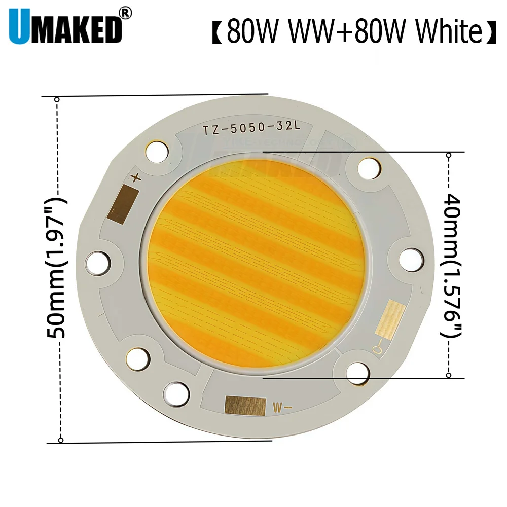 

2 шт., 50 мм, двухцветный светильник, источник света, светодиодный жесткий свет, COB, флип-чип, алюминиевая подложка, 80 Вт, теплый белый + 80 Вт, белая лампа для чтения