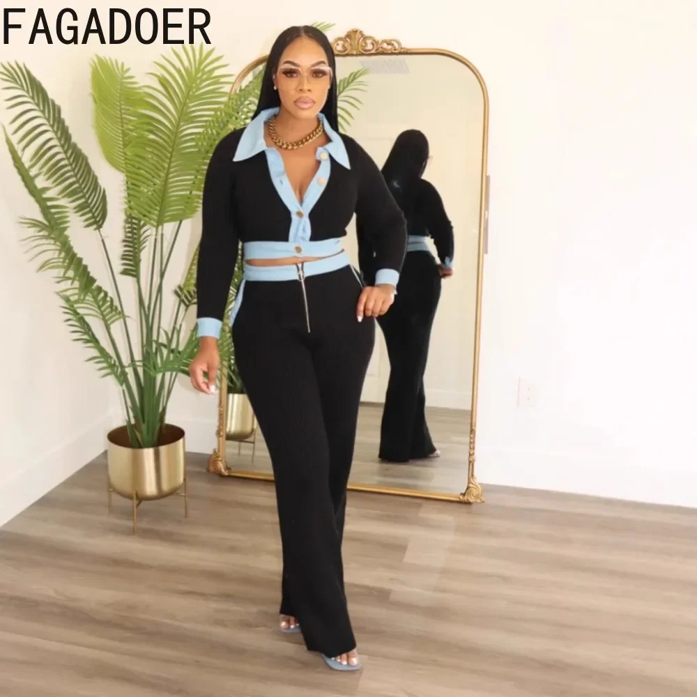 FAGADOER Rib Knit 2 Piece Sets Women Outfit Elegant Lapel Buttons Long Sleeves Crop Top And High Waist Leggings Suits Officewear