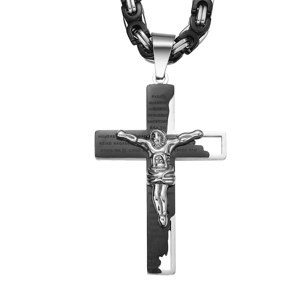 Heavy Crucifix Jesus Cross Necklace Stainless Steel Christs Pendant 6mm Byzantine Chain Men Necklaces Jewelry Gifts