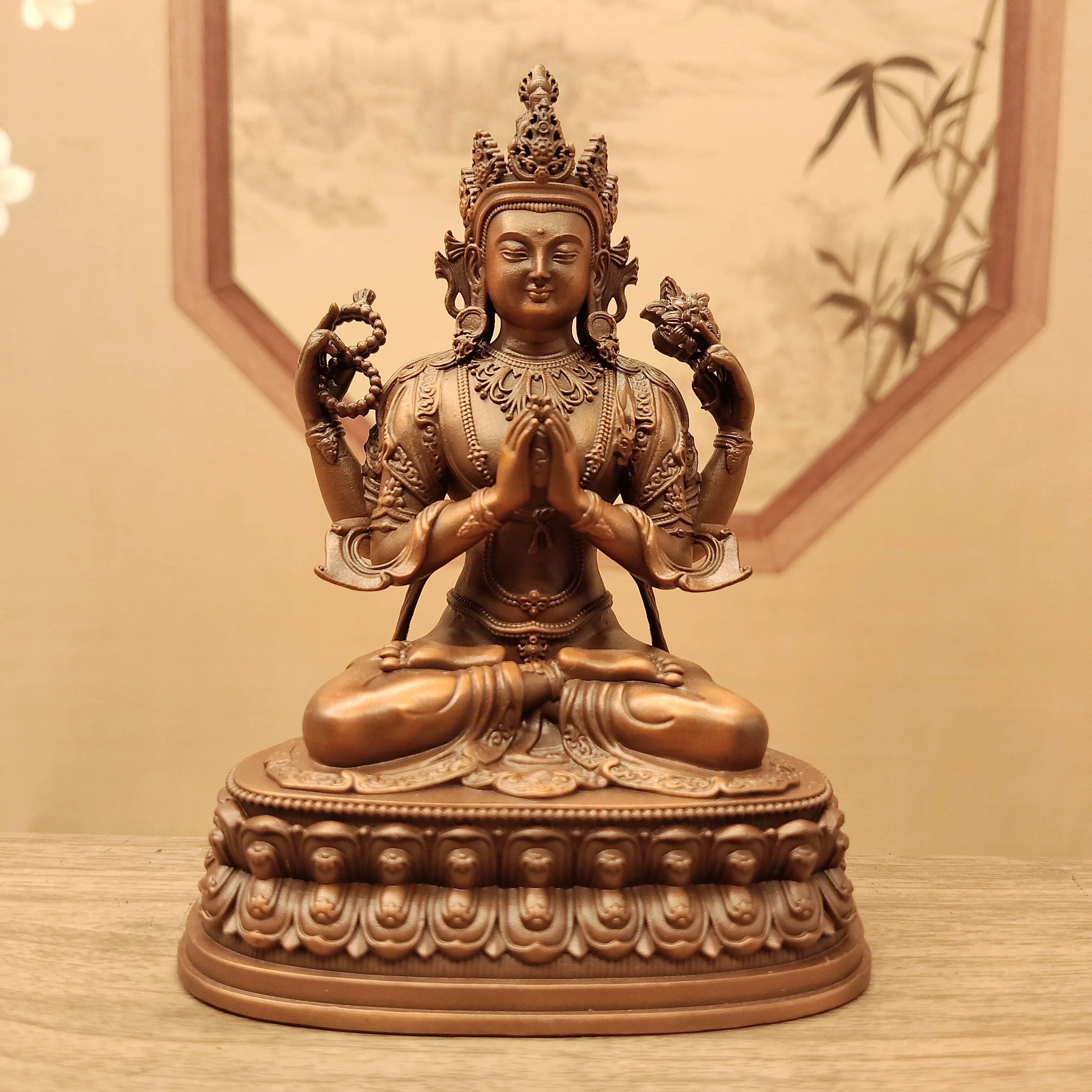 Nepal Craft Antique Copper Gilded Painted Face Four-Armed Avalokiteshvara Statue 10cm Home Altar Blessing