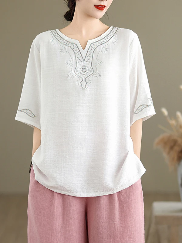 プラスサイズの女性の綿麻刺繍半袖 Tシャツラウンドネックルーズ痩身トップ夏新着通勤スタイル