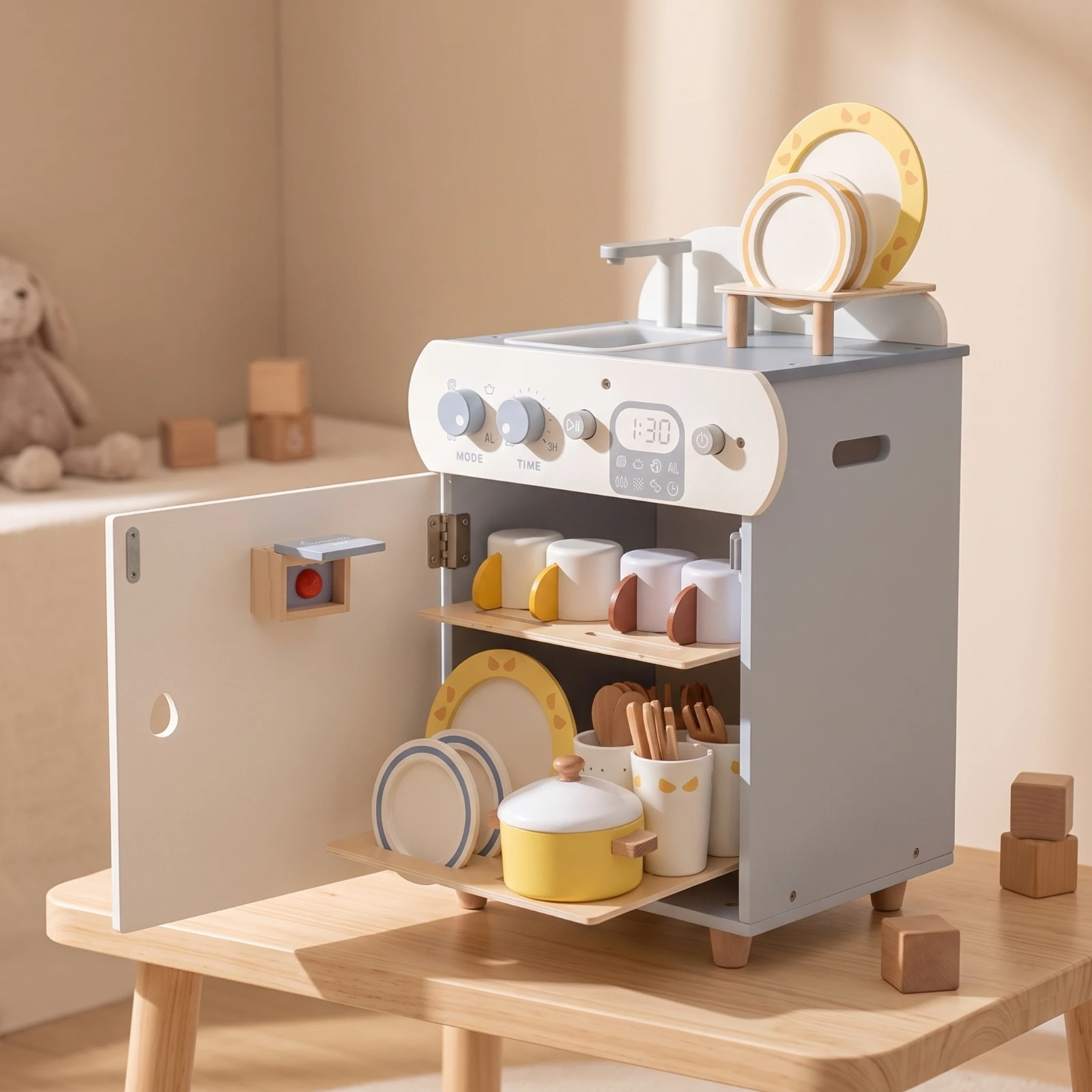 Wooden Toy Dishwasher Interactive Toy Dishwasher with Dish Rack Wooden Play Kitchen Set Sturdy Pretend Play Sink Educational