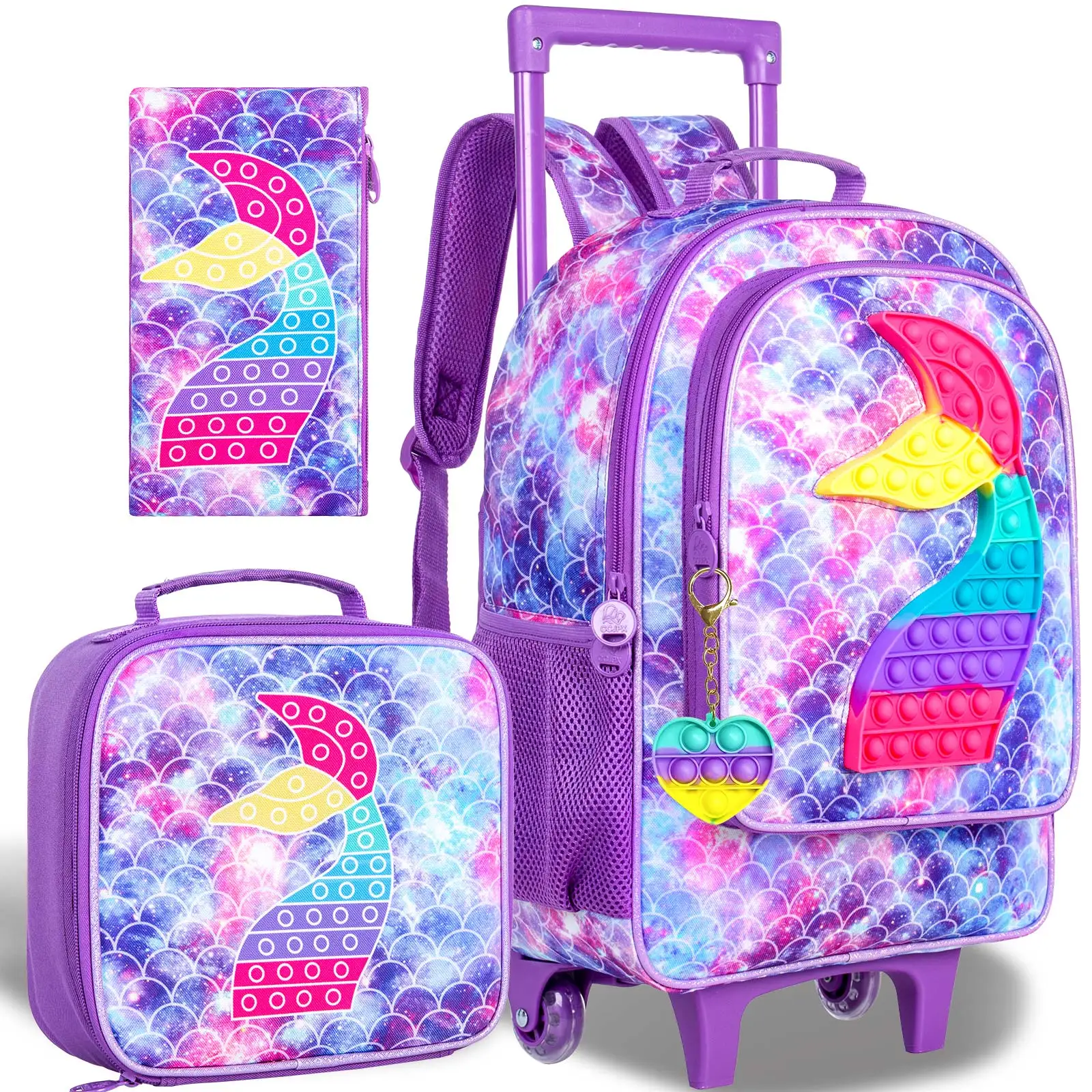 Rolling Backpack for Girls and Boys,Kids Unicorn Dinosaur Bookbag with Roller Wheels, Suitcase School Bag Set