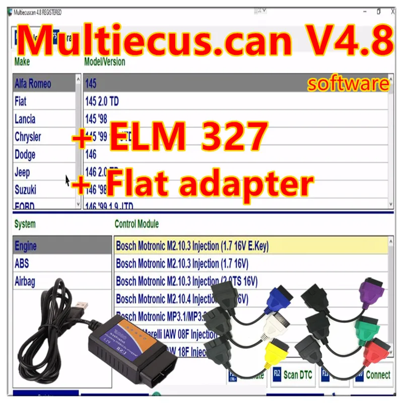 2024 New Multiecuscan V4.8 For Fiat/Chrysler/Dodge/Jeep/Suzuki Scanner Software 4.8+ ELM327+Flat adapter Registered Unlimite