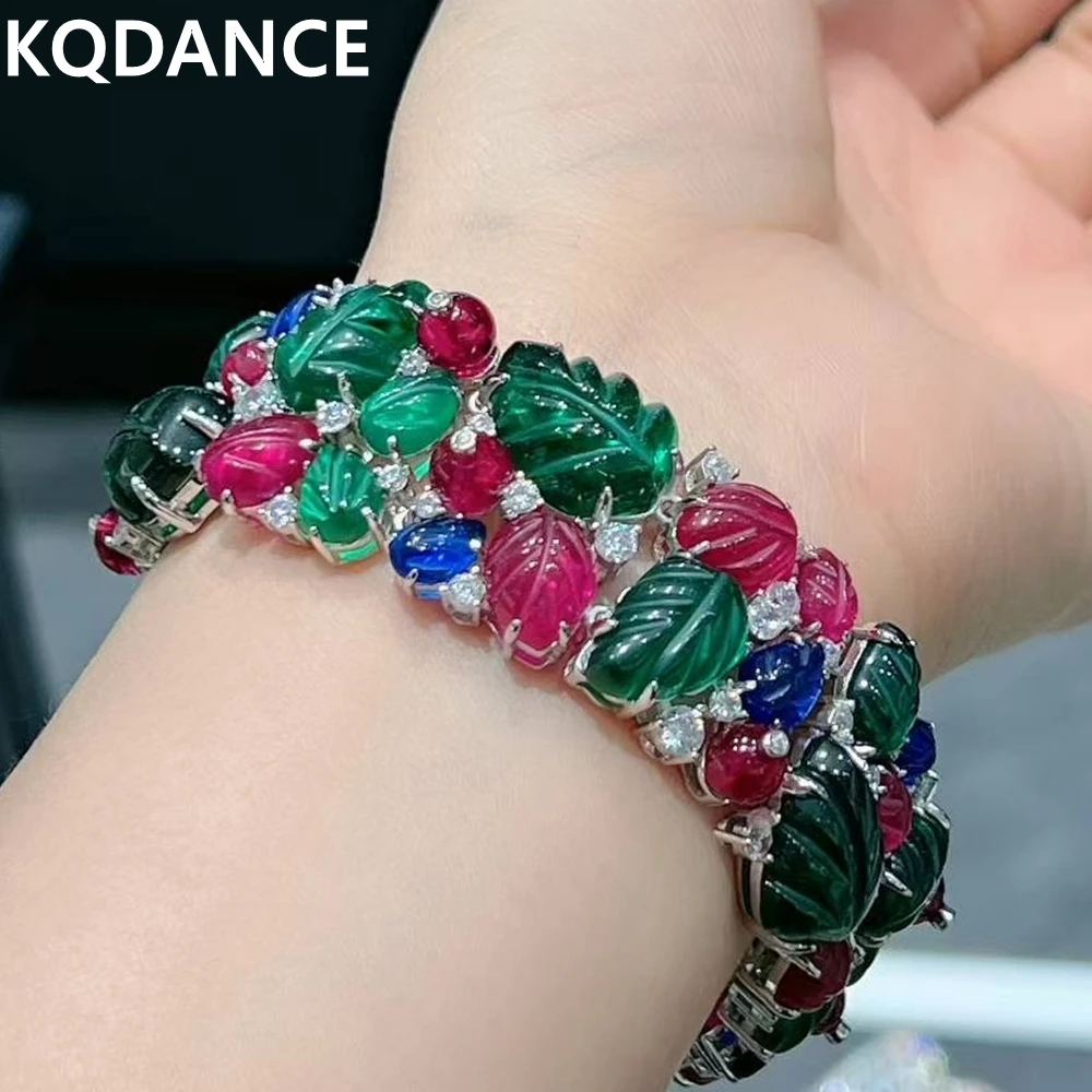 

KQDANCE 7-дюймовый широкий браслет из серебра 925 пробы с красным, зеленым, синим, с гравировкой из драгоценного камня, браслет в фруктовом стиле, женские ювелирные изделия, новые подарки