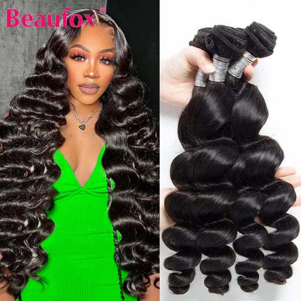 Beaufox 32 Inch Human Hair Bundles Loose Wave Bundles Human Hair Indian Hair Weave Bundles 1/3/4 PCS Human Hair Natural Black