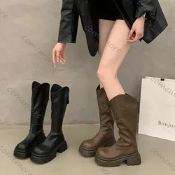 Plus Size 35-42 Women's Boots Mid Calf V-Cut Boots Chunky Heel Slimming Riding Boots Black Fashion Leather Bottes Femmes Khaki