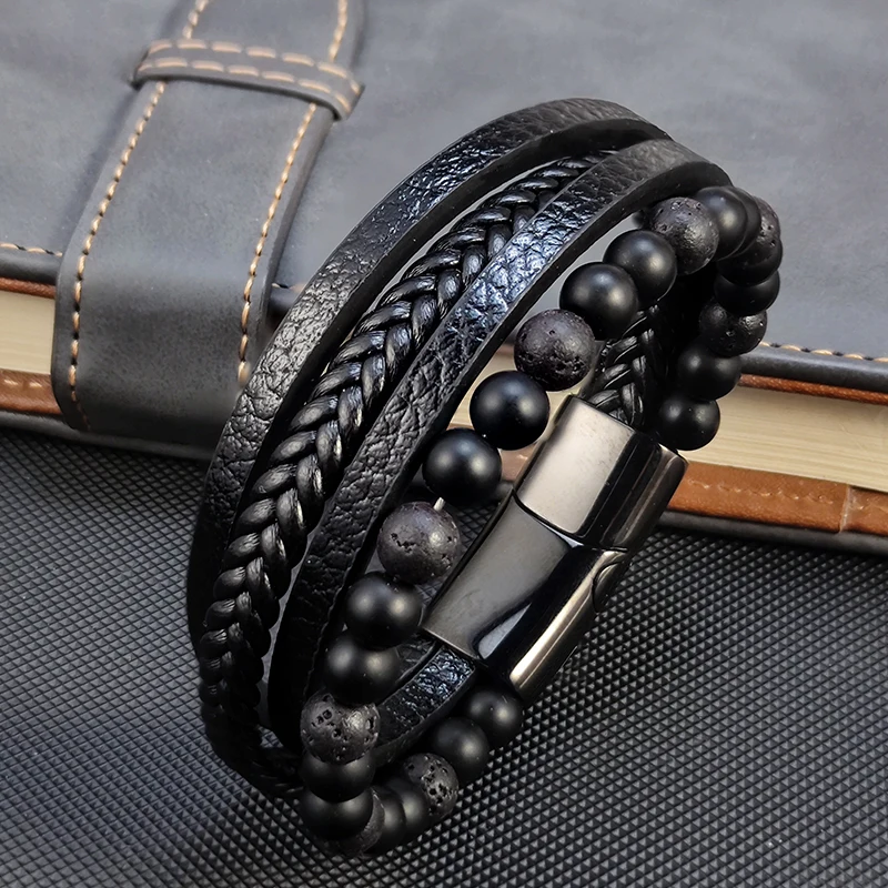 Bracelet en cuir avec pierre de lave constants ique pour homme, perles avec aimant en acier inoxydable, cadeau de bijoux, mode masculine, nouveau, 2023