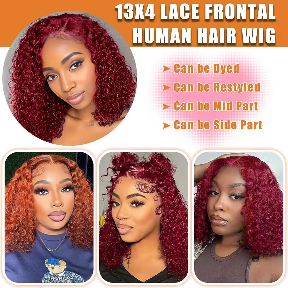 13x4 ลูกไม้ด้านหน้าวิกผมสั้น BOB CURLY วิกผม 99J Burgundy สี Deep Water WAVE BOB วิกผมลูกไม้ด้านหน้าด้านหน้า 100% ผมมนุษย์สําหรับผู้หญิง