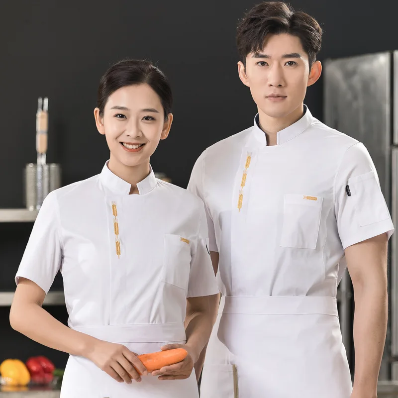 

Оптовая продажа, летняя униформа шеф-повара, с коротким рукавом, пшеничные уши, скрытая планка, ресторан, столовая, кухня, спецодежда, топ больших размеров