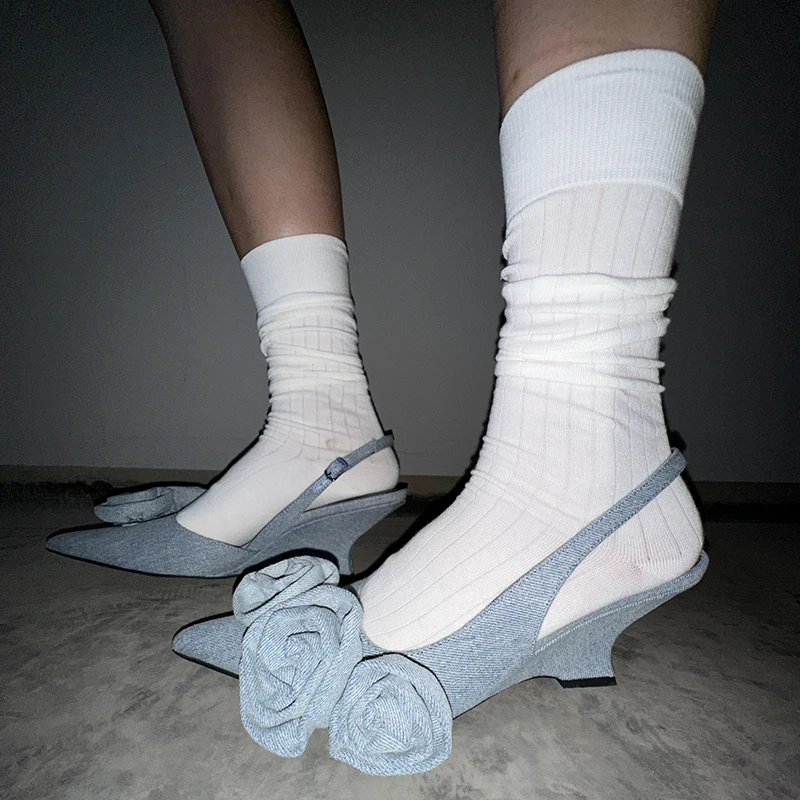 Denim Flower Wedges Sandals Pointy Toe Back Straps Fashion Women Summer Casual Shoes Sexy Lady Unique Street Dress Party Shoes image 2