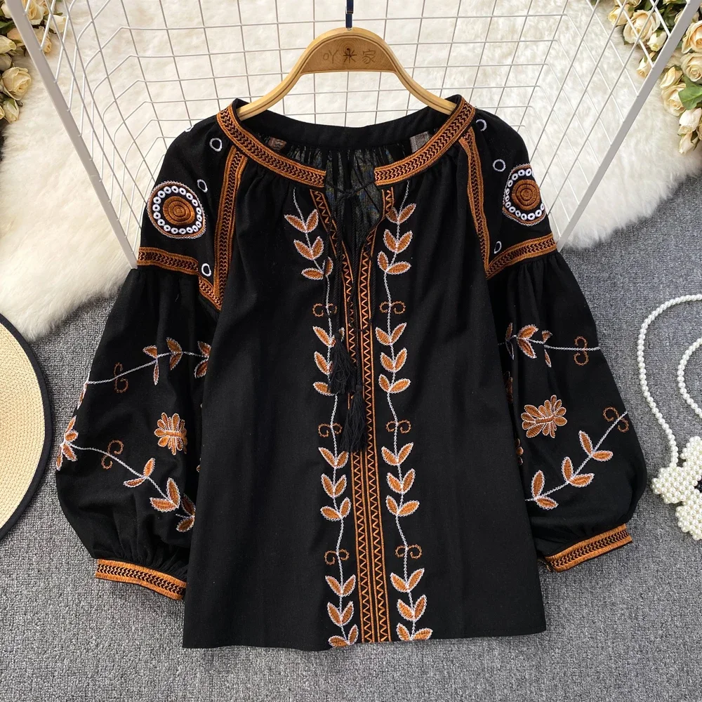 Chic Sweet Embroidery Tassels Long Sleeve O Neck Loose Blouse Elegant French Fashion Sexy Shirt Spring Autumn Women Crop Top