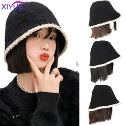XIYUE 어부 모자 가발, 머리 연장 모자, 천연 블랙 합성 짧은 쇄골 머리, 따뜻한 가을 겨울 모자 가발