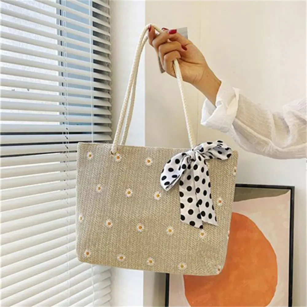 

Durable Straw Shoulder Bags Silk Scarf Large-capacity Handbags Tote Bag Women