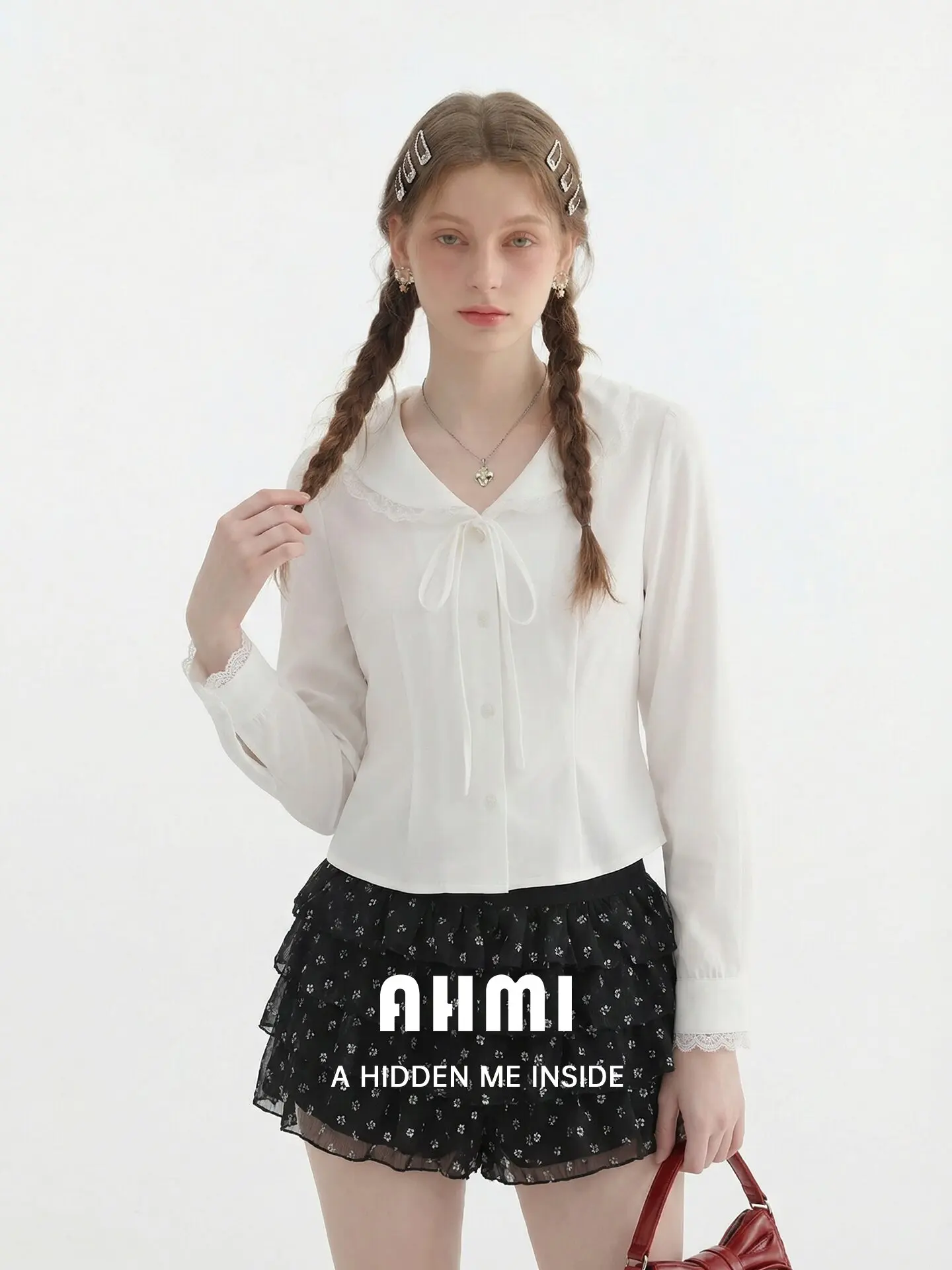 

AHMI Lace Trim Long Sleeve Shirt Women's Spring Summer New Style Waist Cinched Navy Collar Bow Tie Blouse Breathable Cotton