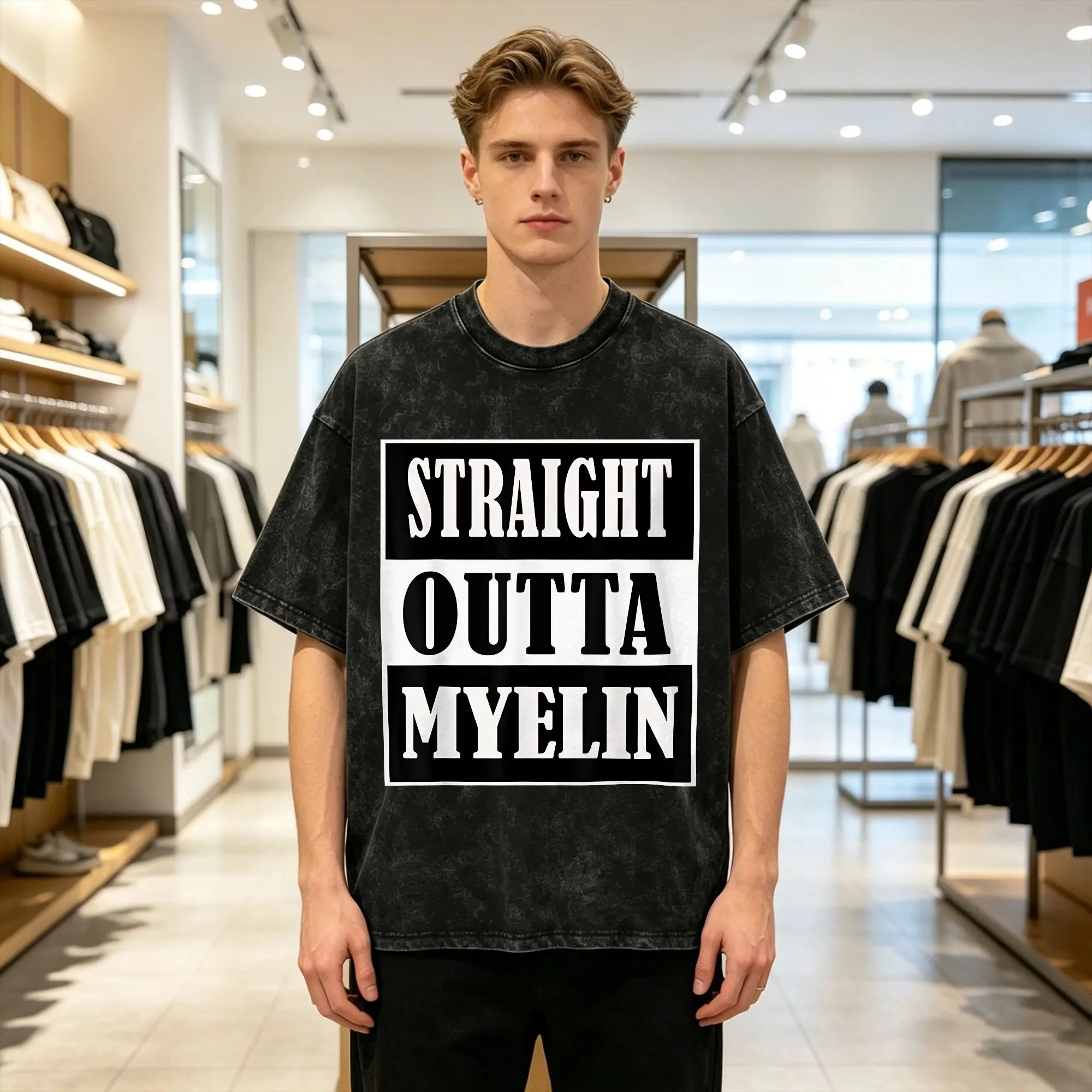 Fun Straight Outta Myelin T-Shirts for Men Round Collar Cotton Washed T Shirts  Short Sleeve Tee Shirt Plus Size Clothing